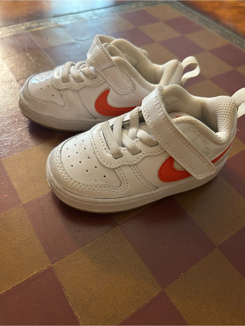 Kids Nike White Sneakers with Orange Swoosh - Comfort Velcro Closure